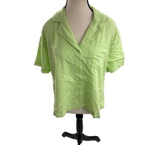 A New Day Womens S Linen Blend Button Front Shirt Light Green Short Sleeve
